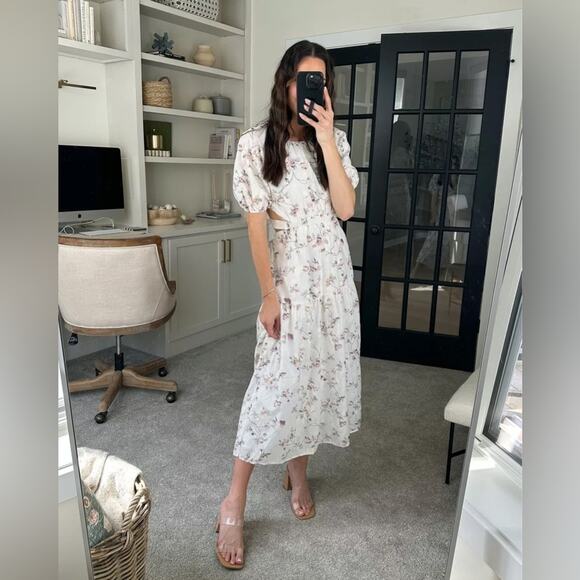 Storia Midi Dress Floral Embroidered Open Back Puff Sleeve Womens Size M - Picture 2 of 11